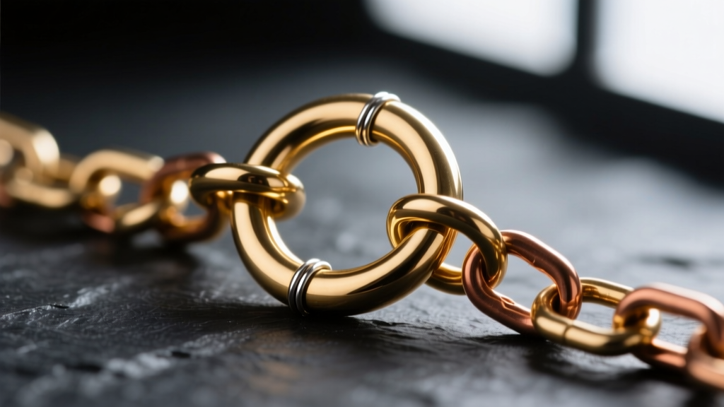 Macro shot of a brass spring-ring clasp on an AE chain, highlighting the tiny soldered jump ring against a dark slate background.