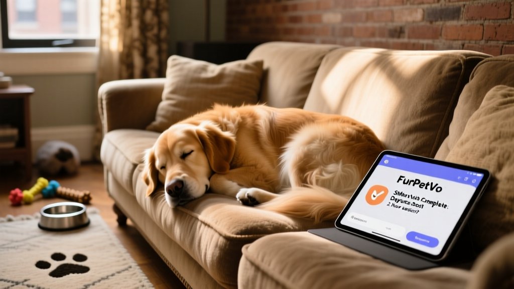 A happy dog napping on its favorite couch during a FurPetVo sitter visit