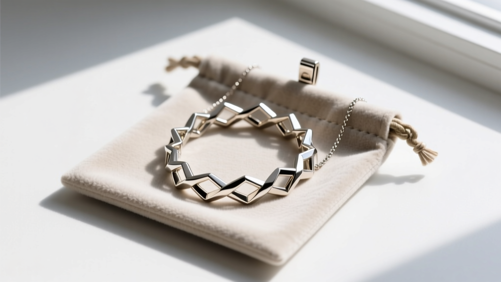 A neatly coiled 18k white gold Messika Move necklace stored inside a suede-lined anti-tarnish pouch with the clasp secured.