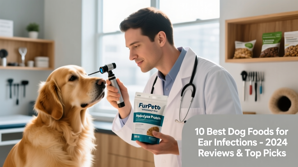 Veterinarian holding a small bag of FurPetVo Veterinary Diet Hydrolyzed Protein food while examining a dog's ear with an otoscope