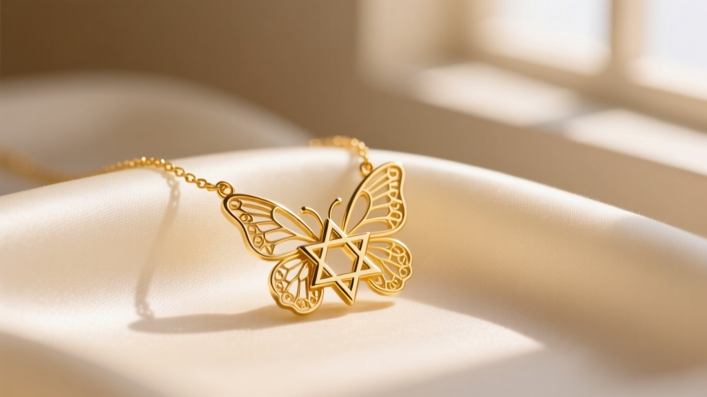 Close-up of a delicate 14k yellow gold butterfly Star of David necklace resting on a soft cream silk fabric in natural sunlight