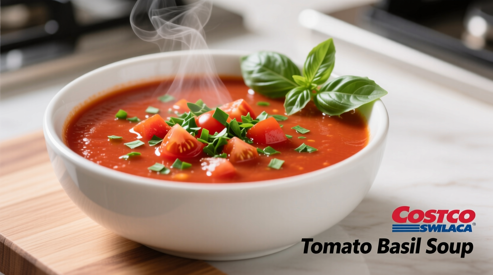 Costco tomato basil soup in white bowl with fresh basil garnish