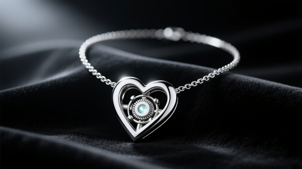 Silver beating heart necklace on dark velvet, lit by soft light to highlight the metallic seams and internal micro-motor housing.
