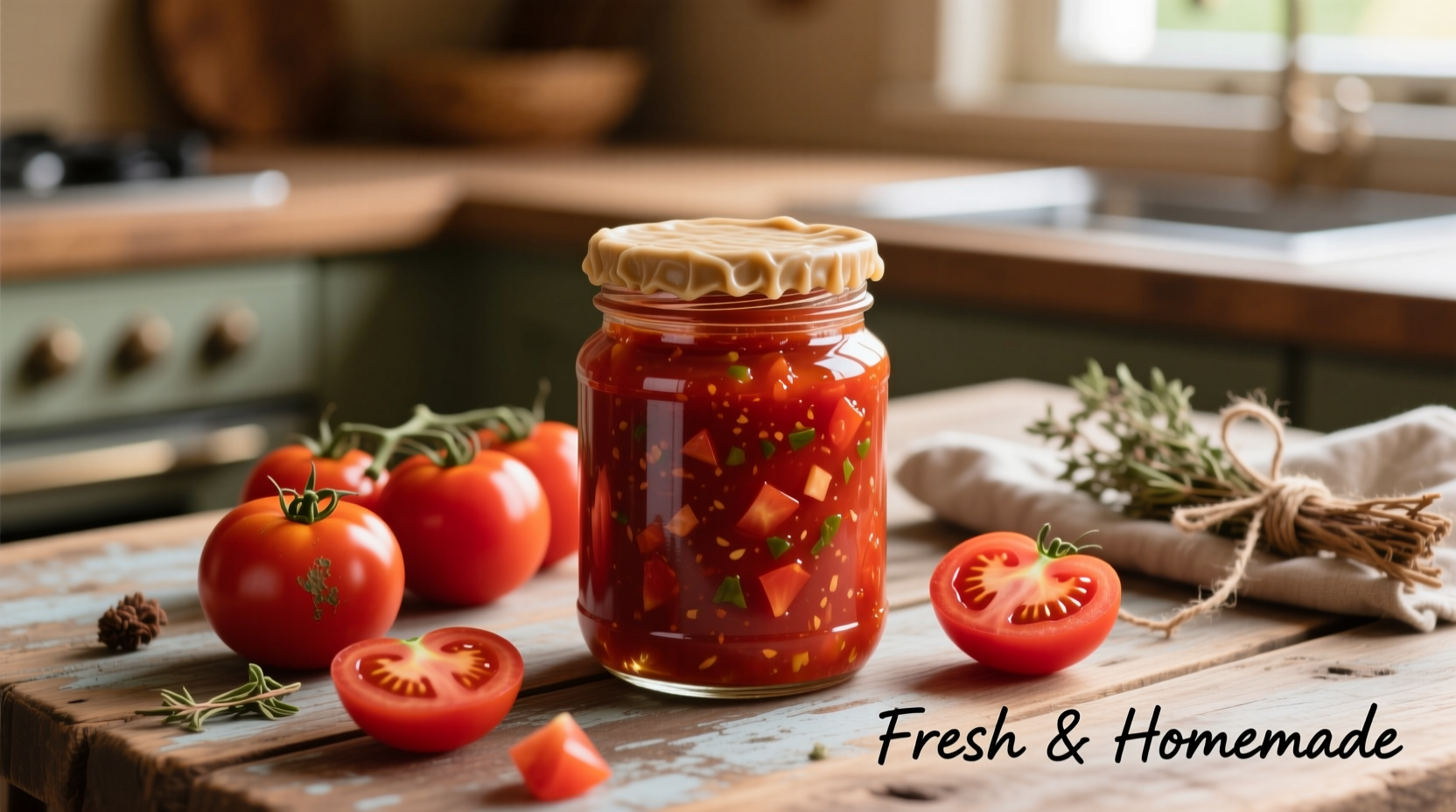 Homemade tomato paste in glass jar with fresh tomatoes