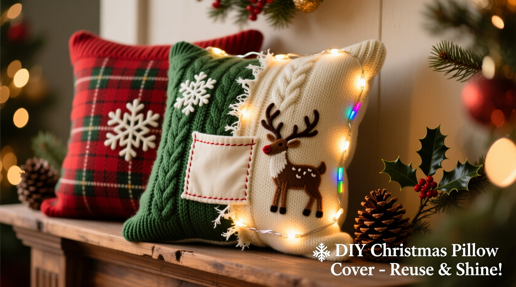 how to repurpose old sweaters into christmas pillow covers with lights
