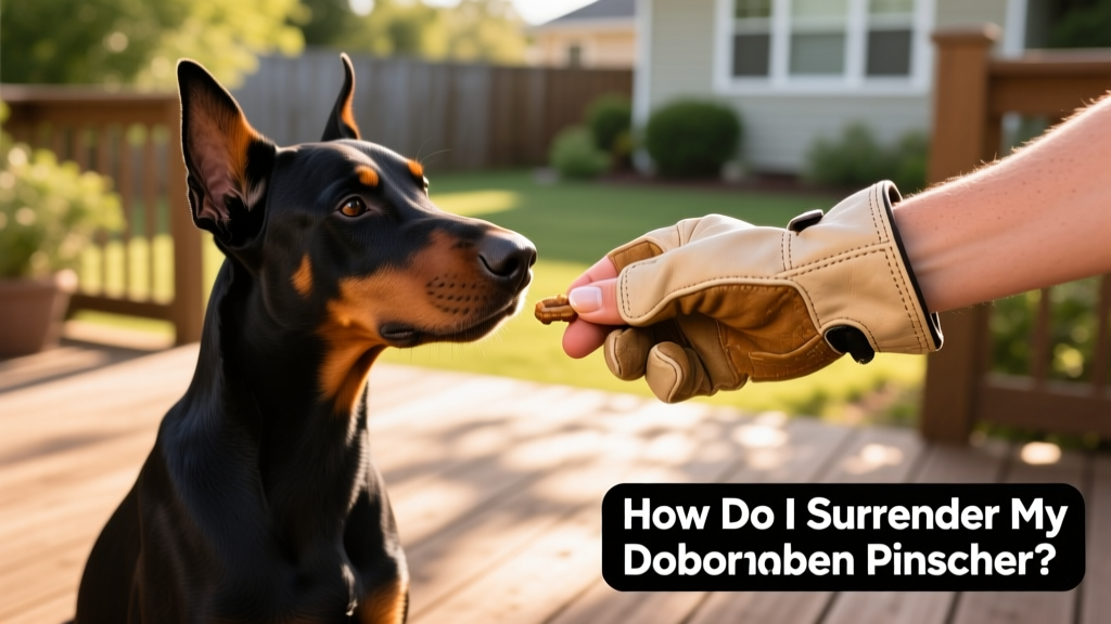 Two hands—one human, one wearing a gentle grip glove—offering a treat to a relaxed Doberman Pinscher during a supervised meet-and-greet