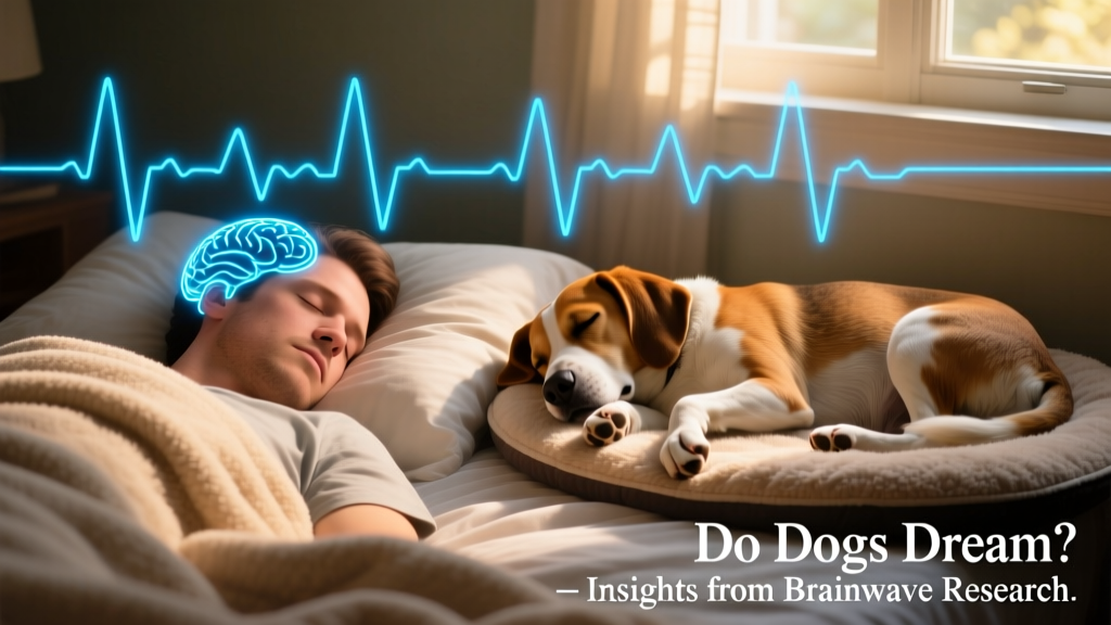 Side-by-side illustration showing human and dog brainwave activity during REM sleep, with matching spike patterns