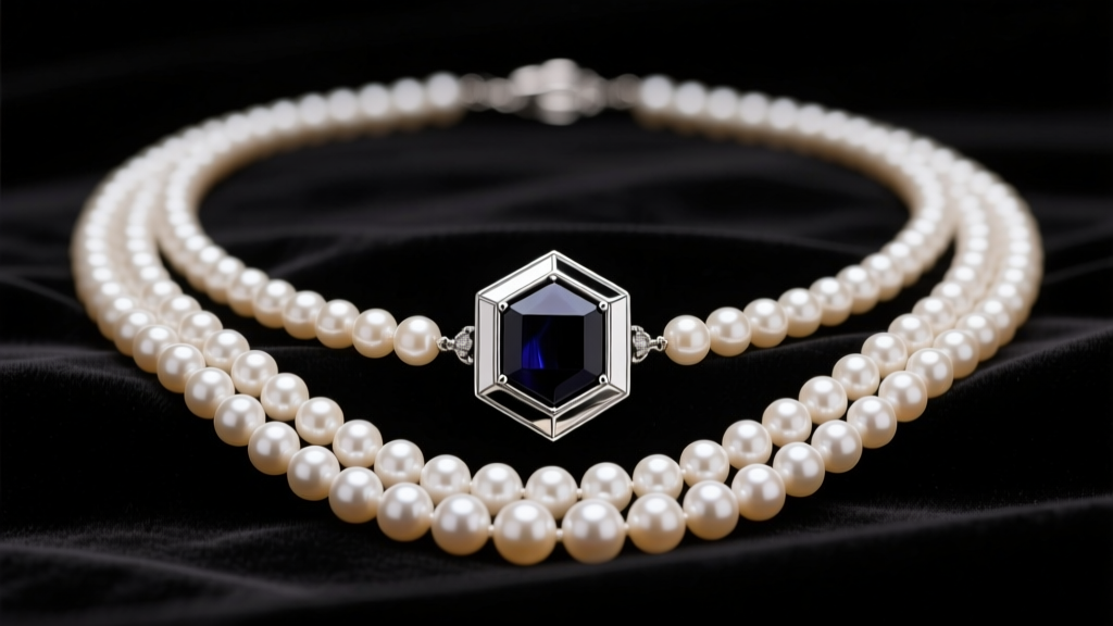 Long 1920s pearl sautoir draped on dark velvet, highlighting a geometric platinum and onyx box clasp under soft gallery lighting.