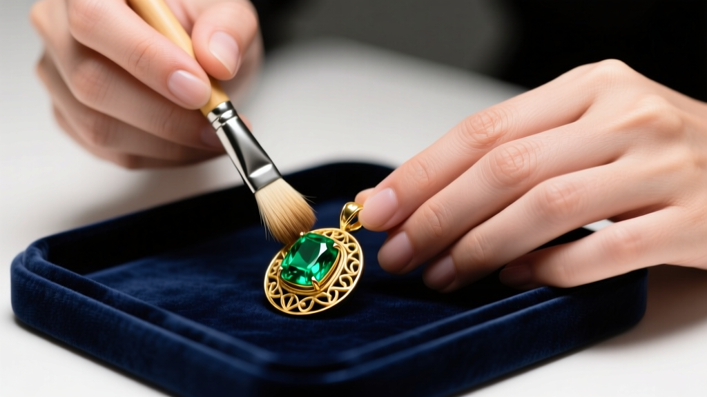 Jeweler hands using a soft brush to gently clean an 18k gold and emerald pendant over a velvet tray, avoiding ultrasonic cleaners.