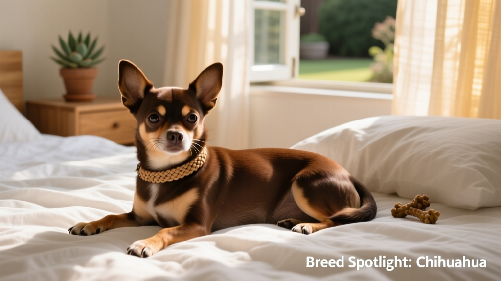 Brown Chihuahua laying on a bed