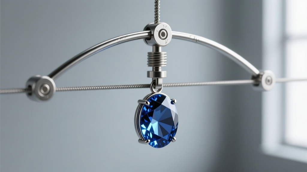 Close-up CAD rendering of a tension rod bail system showing 1.5mm titanium support struts elevating a sapphire pendant in 3D