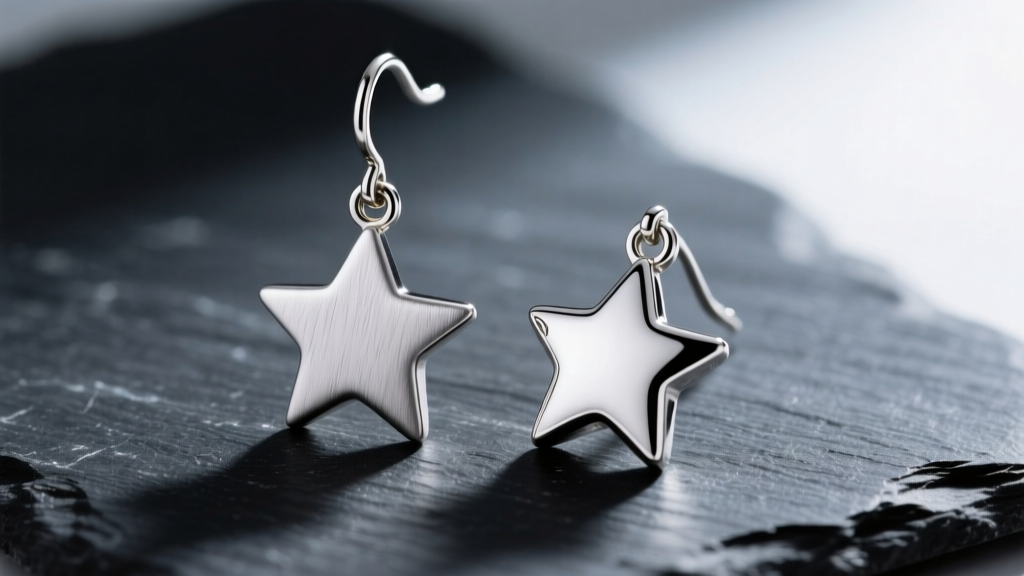 Macro shot of a 20-gauge titanium star dangle earring hook beside a polished stainless steel star charm on a dark slate surface.