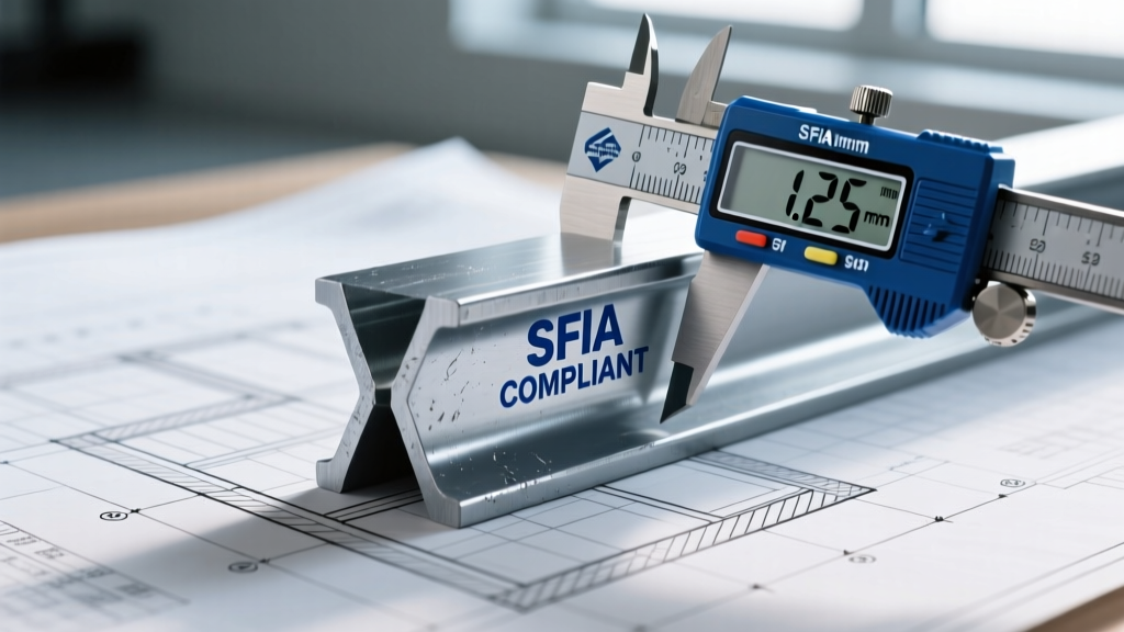 Close-up of a certified cold-formed steel stud with the SFIA compliance inkjet stamp being measured with digital calipers on a blueprint