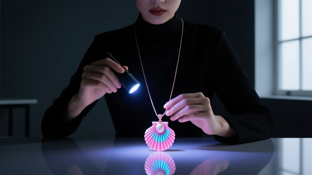 A jeweler using a UV flashlight to inspect a pink shell pendant necklace for dye fluorescence, dark room background, sharp focus.