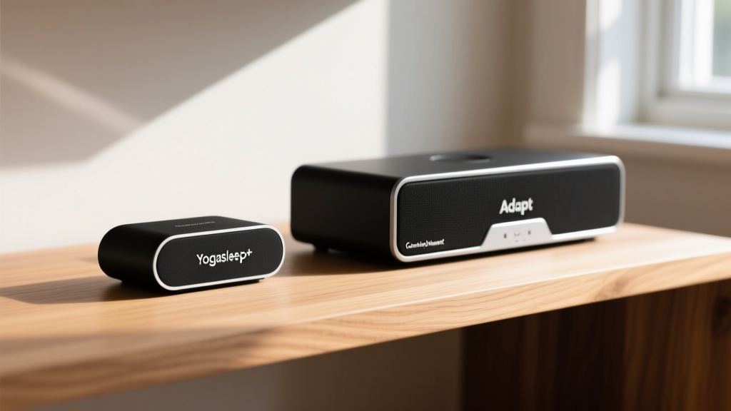 Close-up size comparison of the ultra-compact Yogasleep Rohm+ and the larger Cambridge Sound Management Adapt on a wooden shelf.