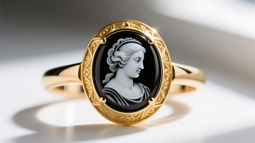 Close-up of a 14k gold-filled bezel setting securely wrapping the fragile perimeter of a black and white overlay glass cameo.