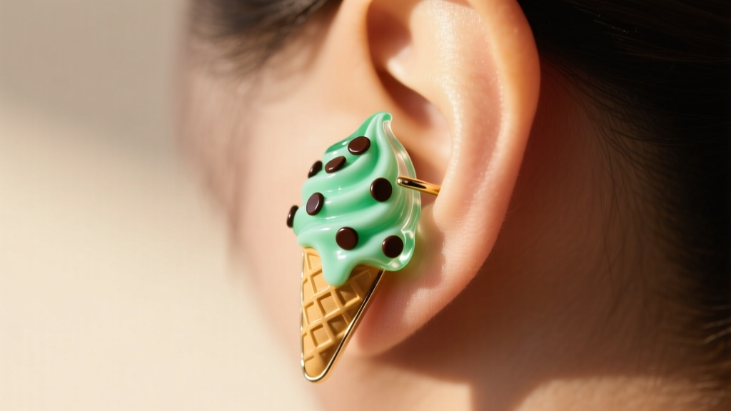 Close-up of a resin mint chocolate chip ice cream ear cuff on upper helix cartilage, illuminated by soft golden hour sunlight