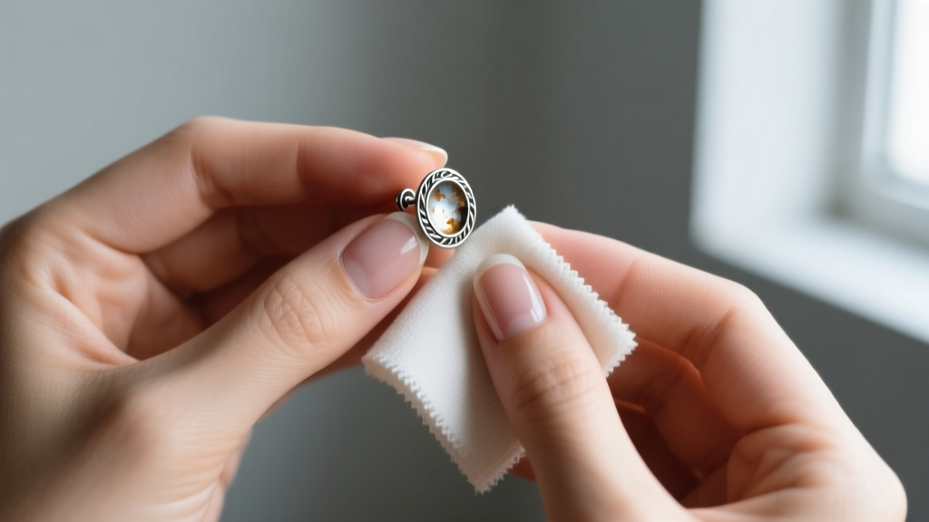 Hands gently rubbing a tarnished silver stud earring with a microfiber jeweler's polishing cloth over a wooden vanity table.