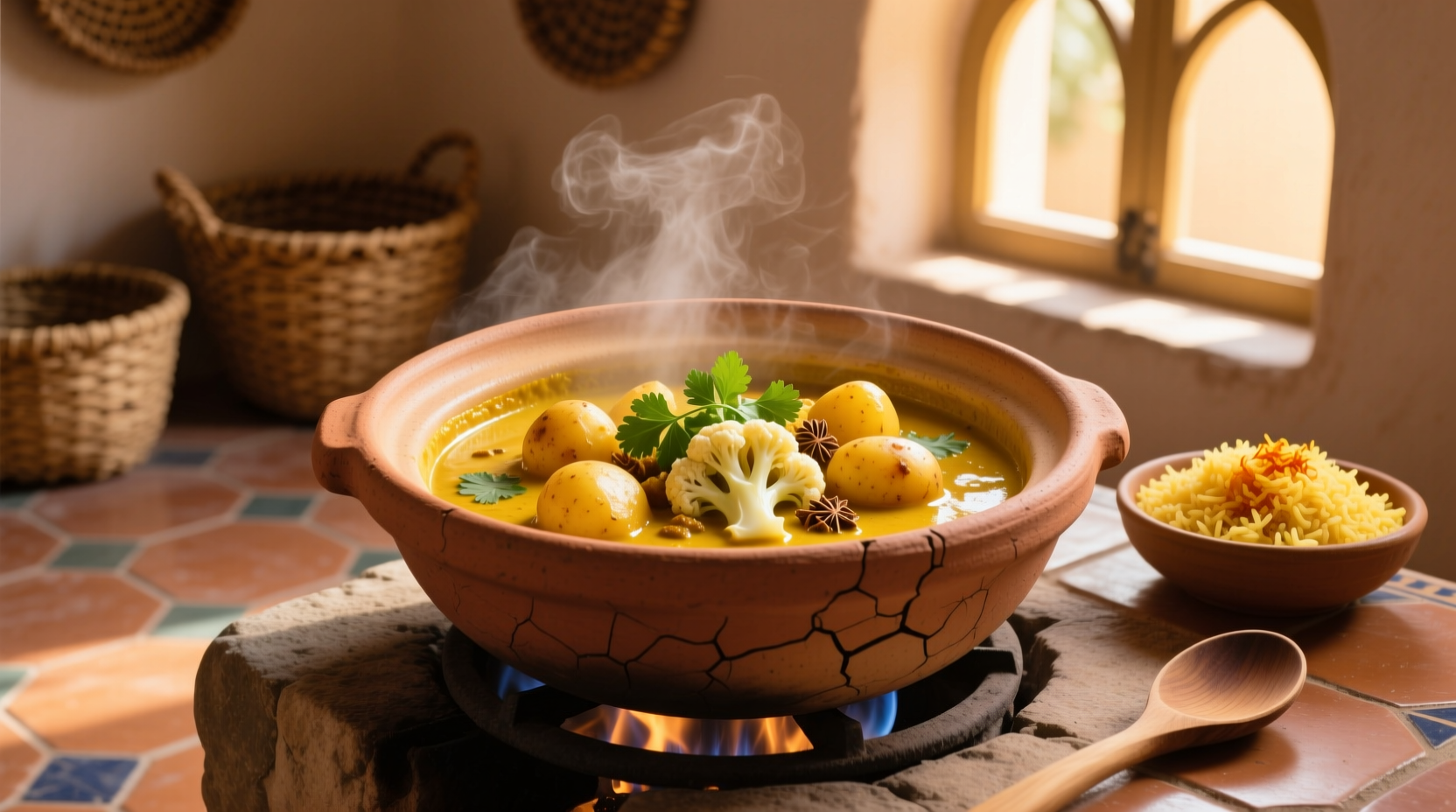 Golden potato cauliflower curry in clay pot