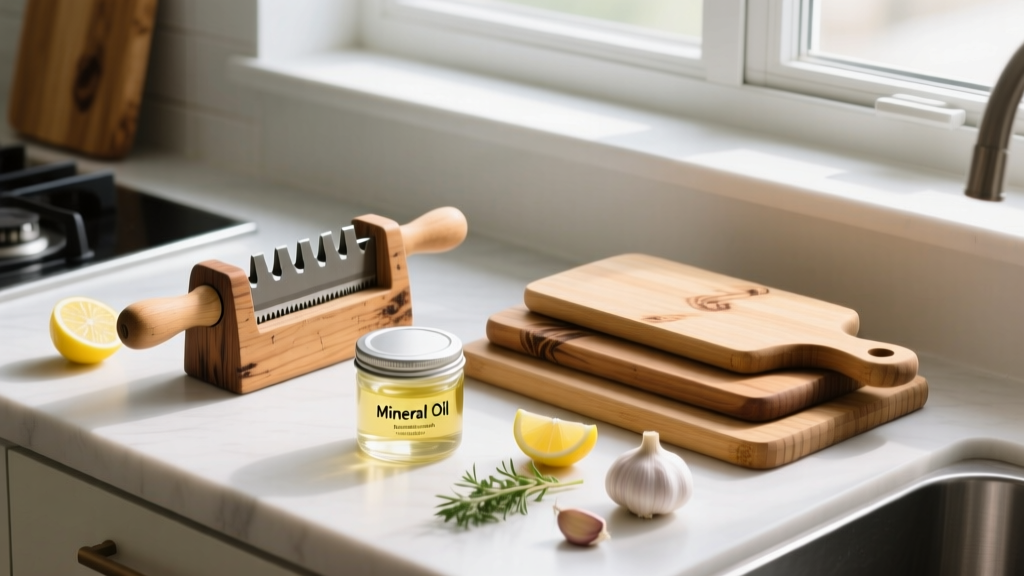 Overhead view of zero-waste kitchen prep station with a wooden rolling knife sharpener, mineral oil tin, and organic bamboo cutting boards