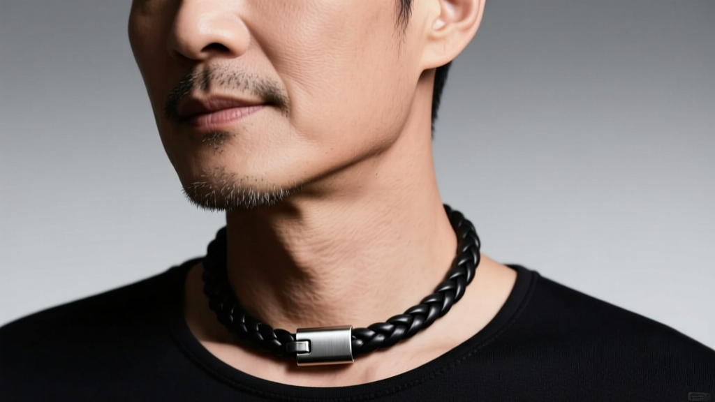 Close-up of a man wearing a 3mm braided black leather necklace with a brushed titanium magnetic clasp, soft studio lighting.