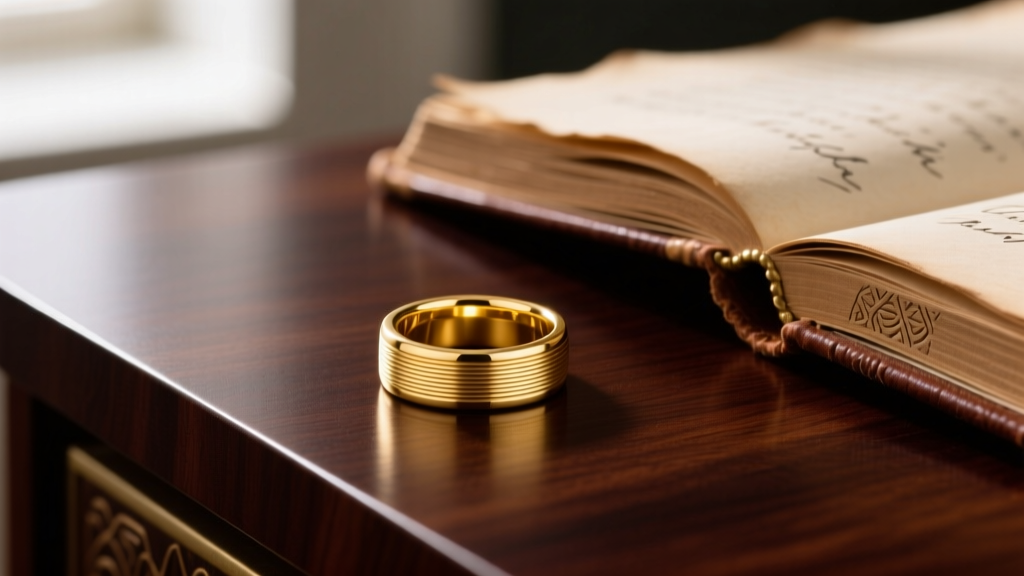Macro shot of an 18k yellow gold signet ring with brushed finish resting on a dark mahogany desk next to a leather-bound journal
