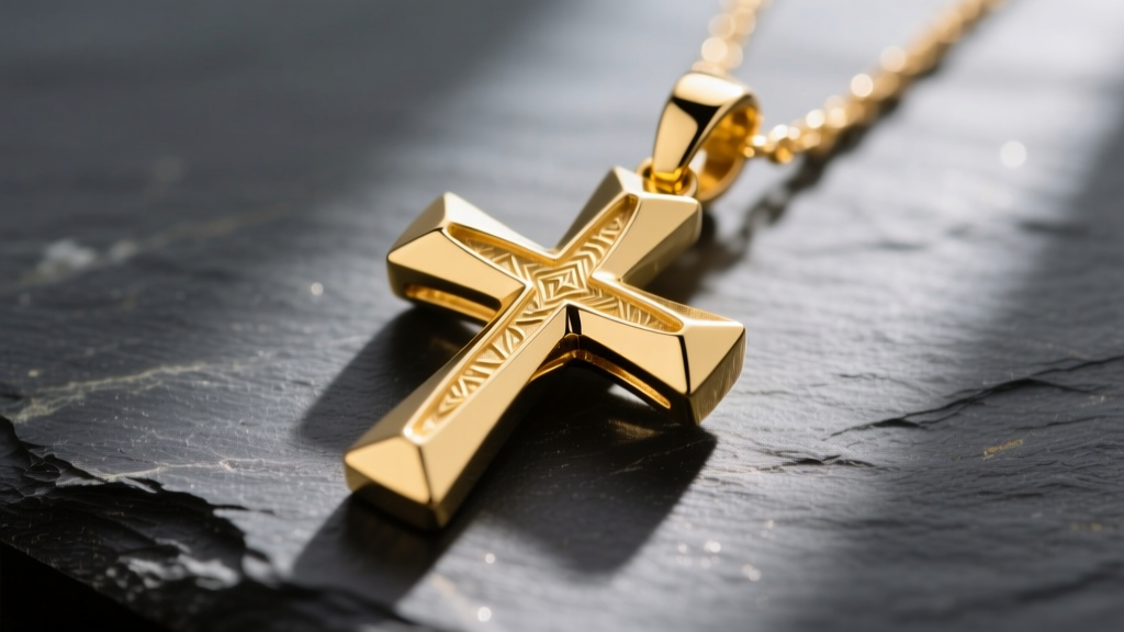 Macro shot of a polished 18k yellow gold cross pendant on dark slate, reflecting warm light to highlight its sharp beveled edges