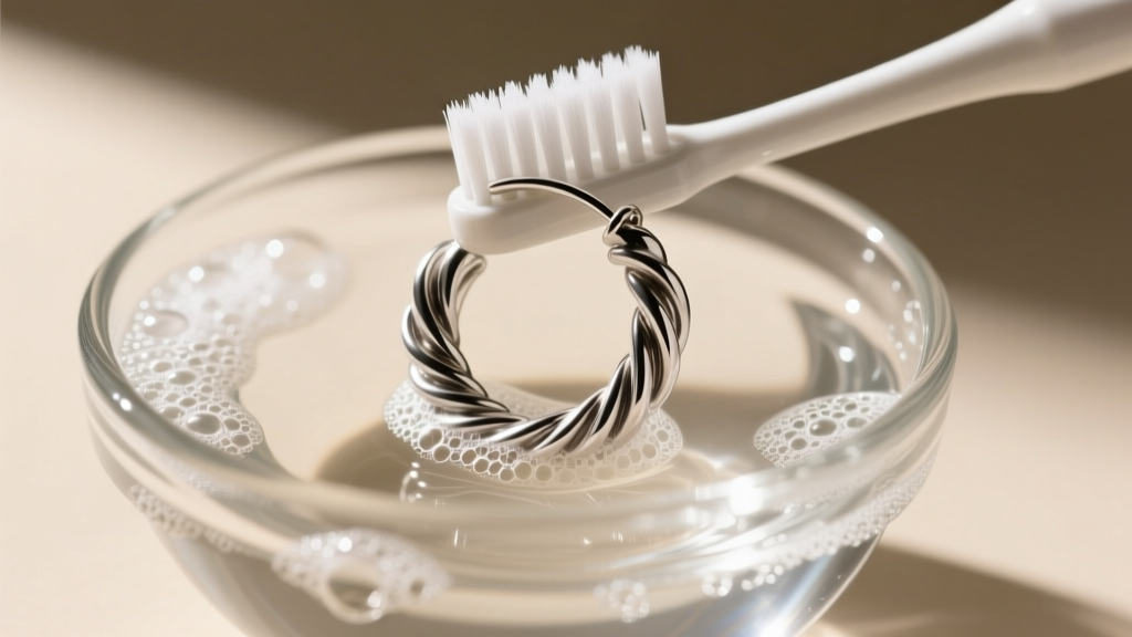 Soft toothbrush cleaning crevices of a twisted silver hoop earring submerged in mild soapy cleaner inside a small glass bowl.