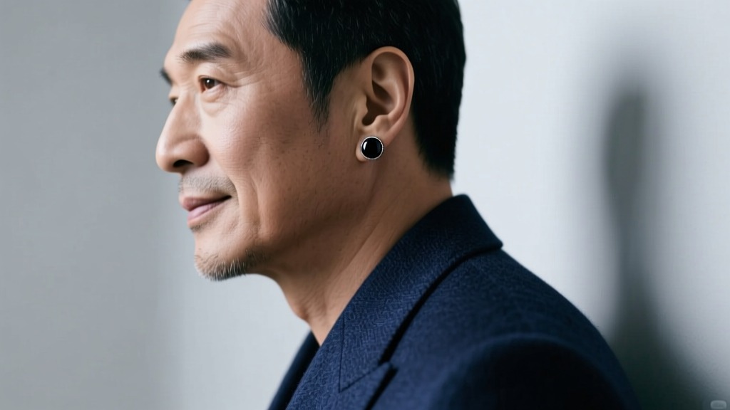 Side profile of a mature man in a navy suit showcasing a subtle 2mm black onyx stud earring, highlighting masculine jewelry.
