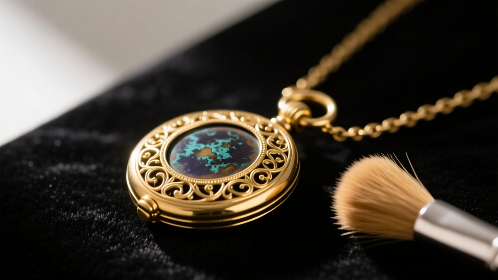 Side view of gold locket heirloom necklace cleaned with soft brush, showing preserved dark patina in intricate metal engravings