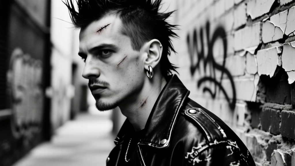 1980s punk man in leather jacket wearing a single silver hoop earring in his right ear, moody black and white portrait lighting