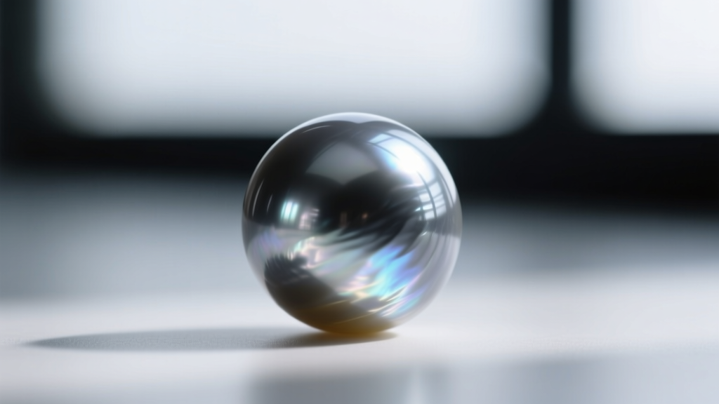 Macro photography of a single irradiated freshwater pearl showing metallic dark grey nacre and a clean, sharp surface reflection.