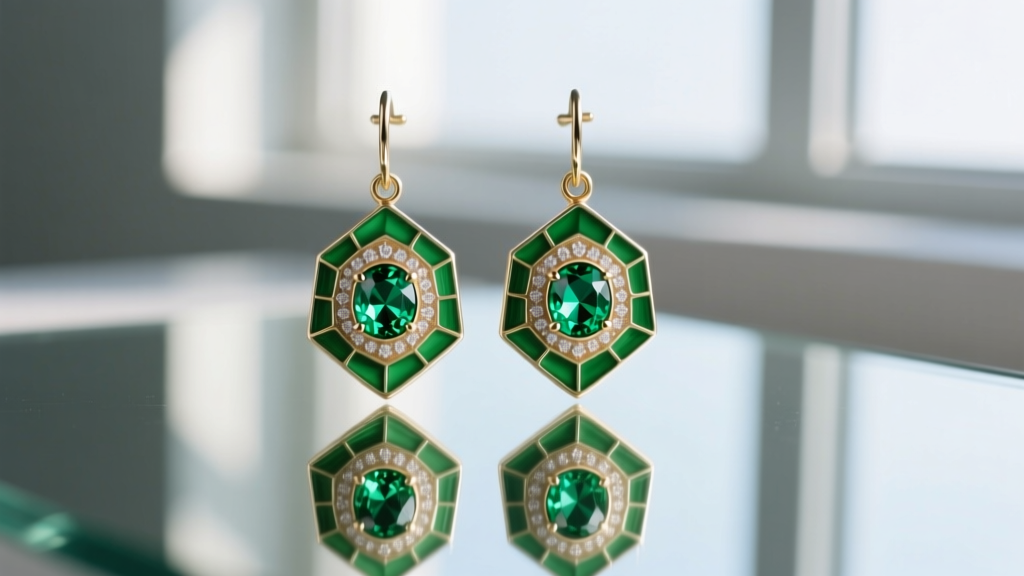 Macro shot of green champlevé enamel crocodile dangle earrings with bright tsavorite gemstone eyes resting on a mirrored surface.