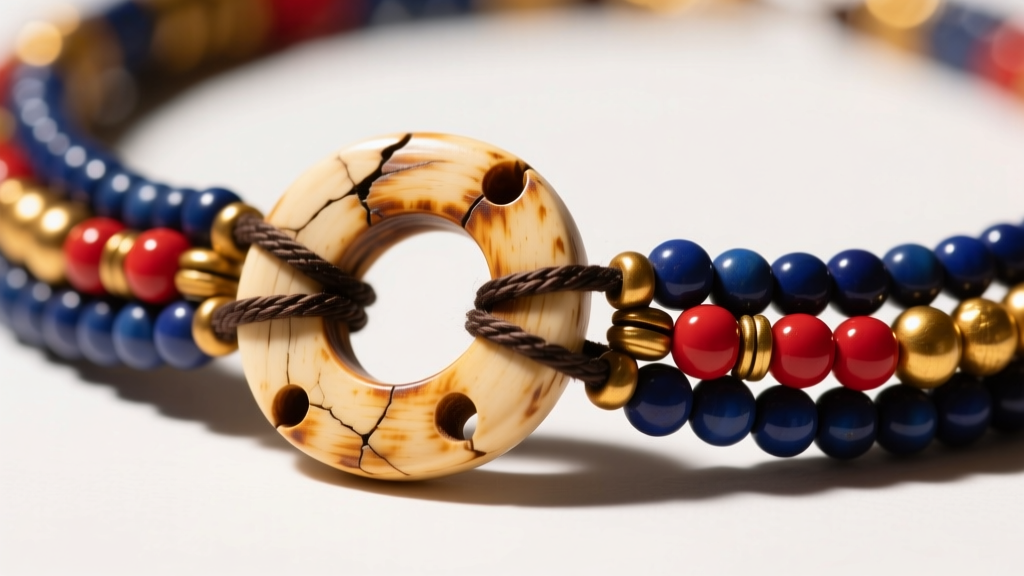 Detail of a carved bone toggle clasp on a multi-strand Yoruba beaded necklace, showing natural patina and secure loop tension.