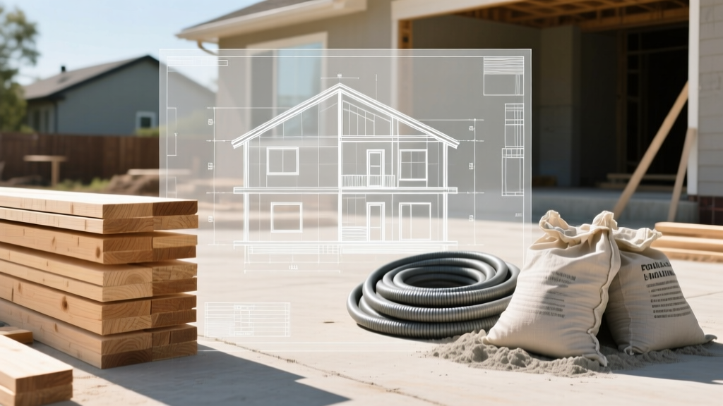 Architectural blueprint overlaid with stacked dimensional lumber, PEX tubing, and Portland cement on a residential construction site