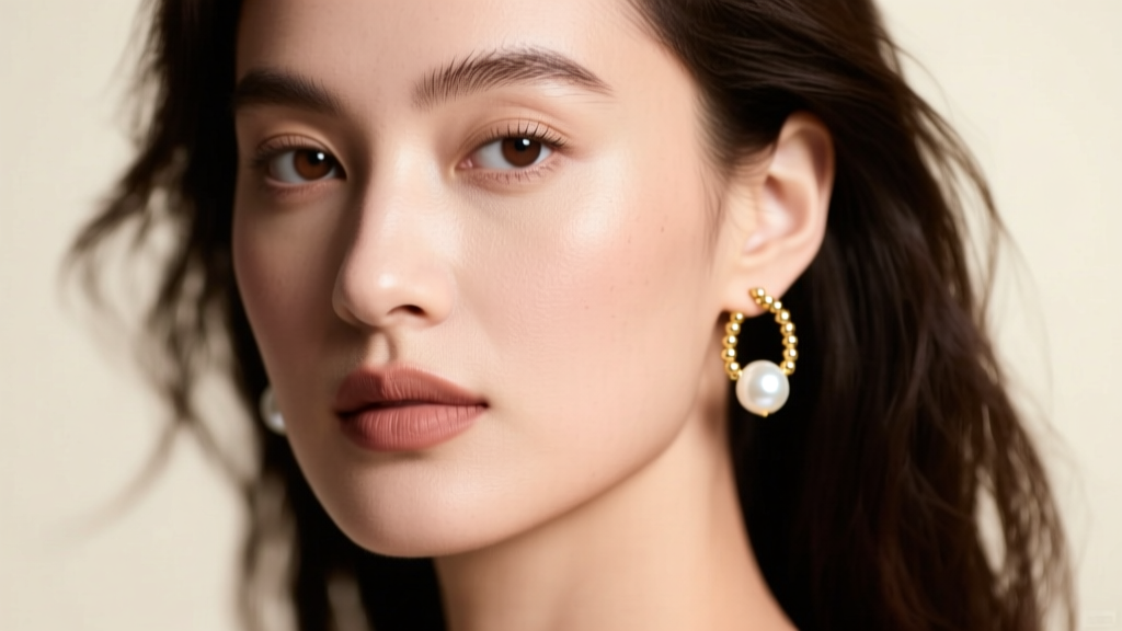 Close-up of a model wearing 14k gold bead hoop earrings with white freshwater pearls under soft, elegant studio lighting.