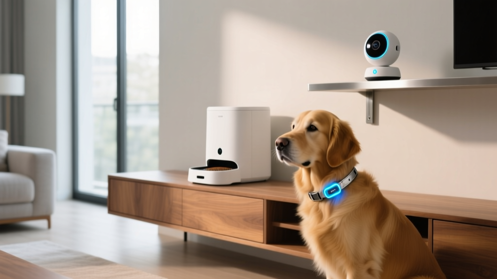 Modern living room with an automated pet feeder, a dog wearing a GPS smart collar, and a 360-degree pet camera on a shelf