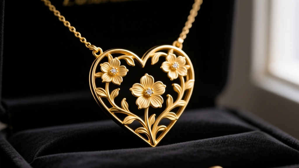 Close-up of an 18k yellow gold Victorian vintage heart necklace with intricate floral repoussé detailing resting on dark velvet.