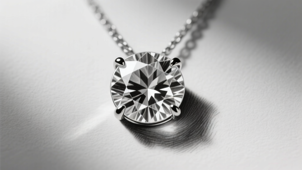 Macro shot of a graphite drawing of a round brilliant diamond pendant in a four-prong setting, highlighting precise facet shading.