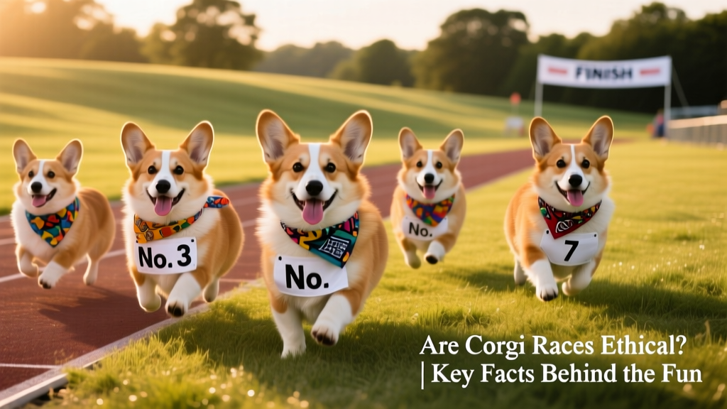 A group of corgis sprinting side-by-side on a grassy track, wearing colorful bandanas and numbered bibs
