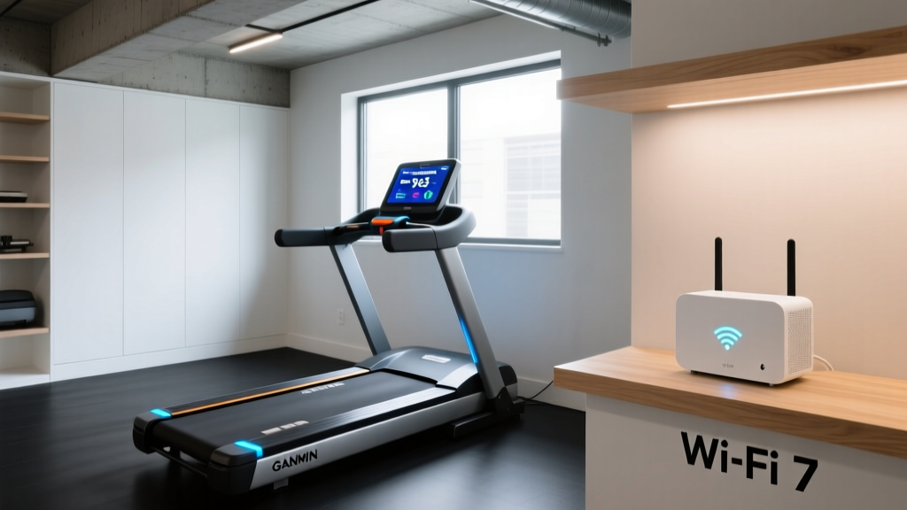 Modern basement home gym with Garmin Forerunner 965 on treadmill console and Wi-Fi 7 mesh router node on a nearby wooden shelf