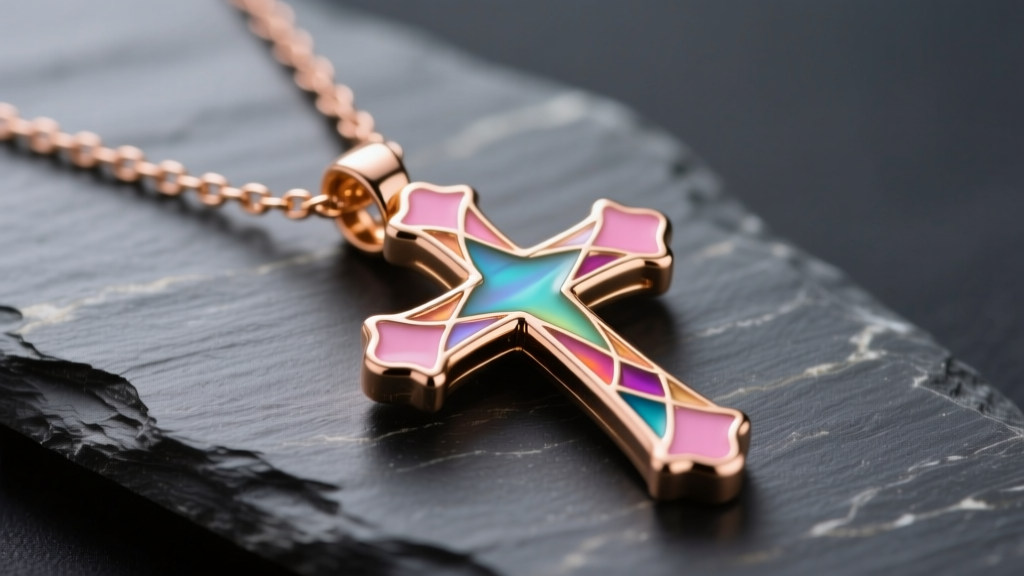 Close-up of a 14k rose gold pink cross necklace with vitreous enamel inlay, resting on dark slate under soft studio lighting