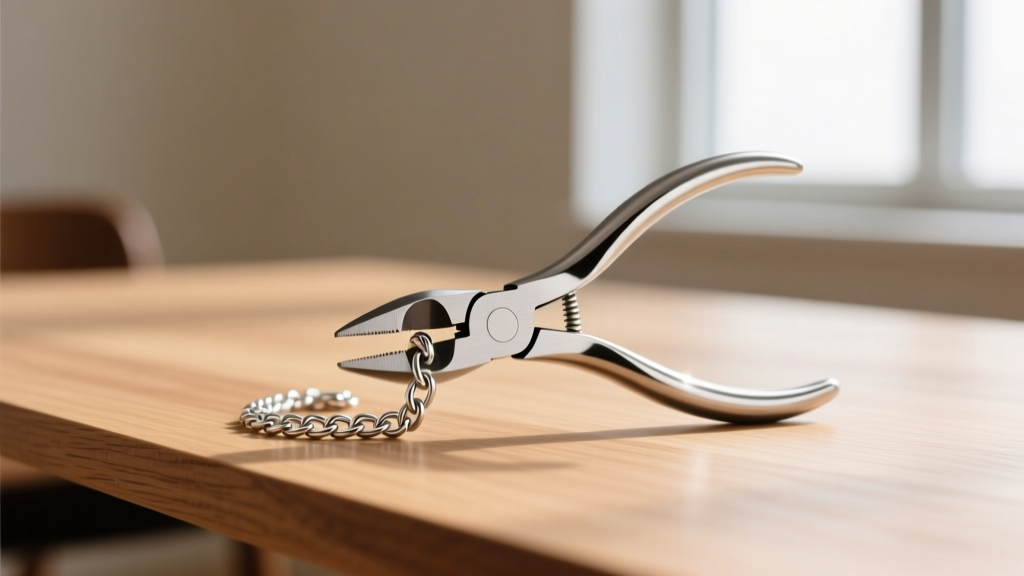 Flat-nose jewelry pliers holding a 2-inch sterling silver rolo chain extender attached to a lobster clasp on a wooden desk.