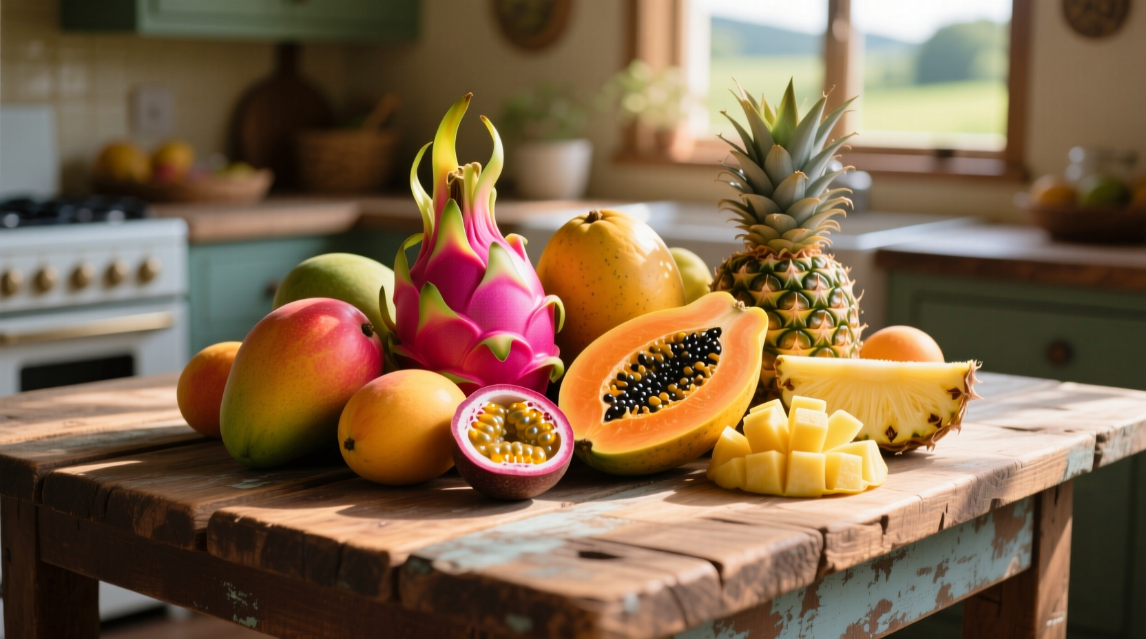 Colorful high-fiber fruits on wooden table