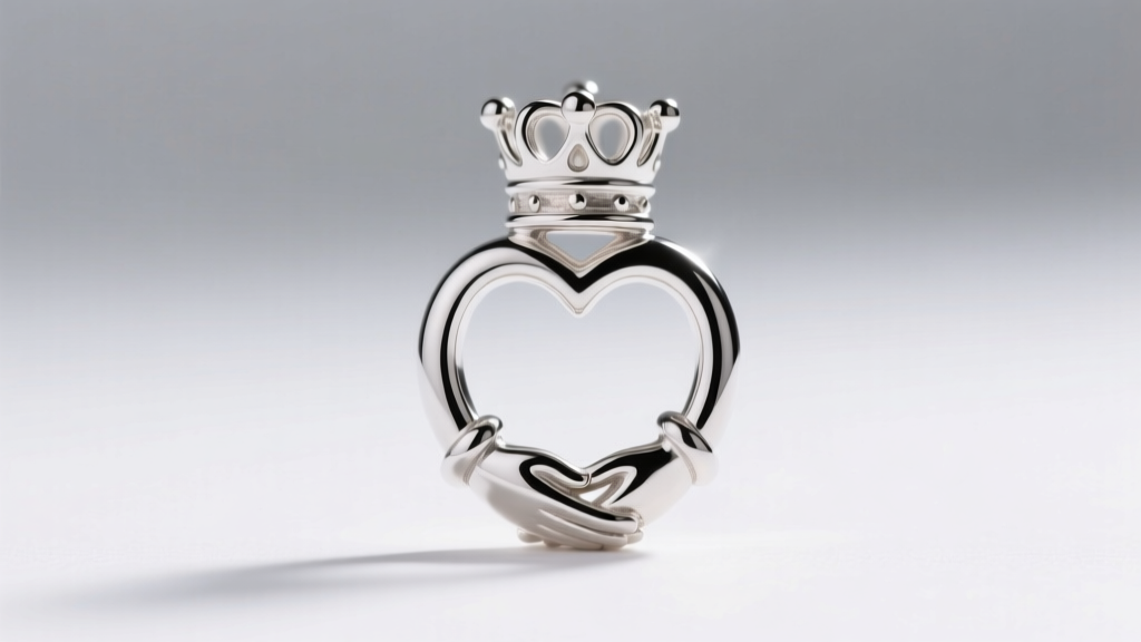 Macro shot of a sterling silver Claddagh pendant highlighting the crown, heart, and hands under bright, soft studio lighting.
