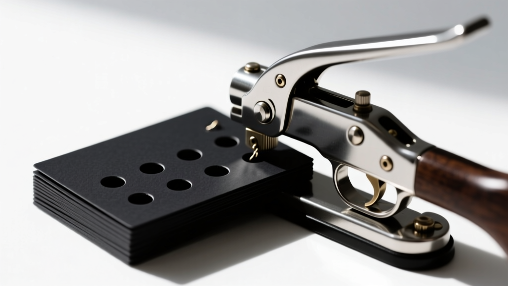 Side view of a lever-action multi-hole punch creating perfectly spaced holes in a stack of matte black earring display cards.
