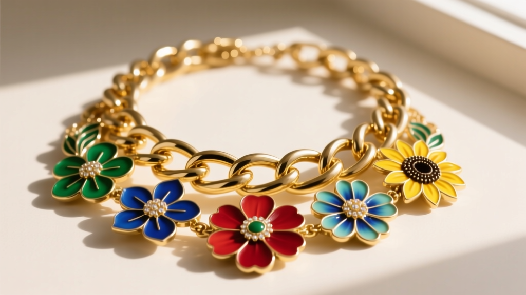 Close-up of a vibrant multi-layered statement necklace featuring chunky gold vermeil chains and colorful enameled floral pendants