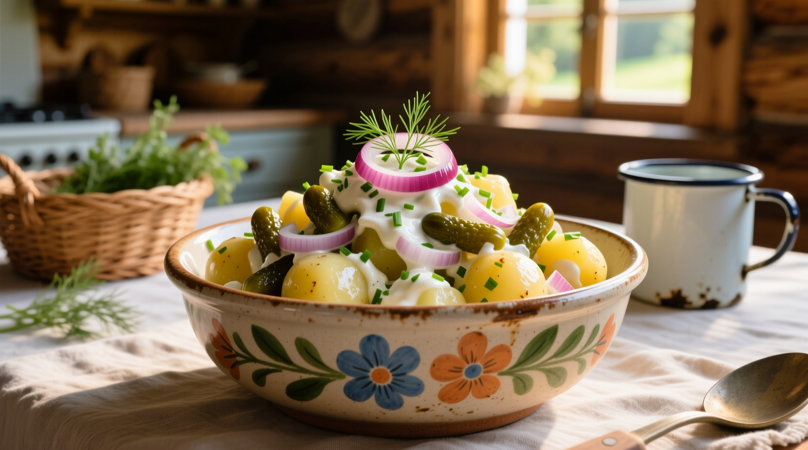 Traditional Bavarian potato salad served in a ceramic bowl