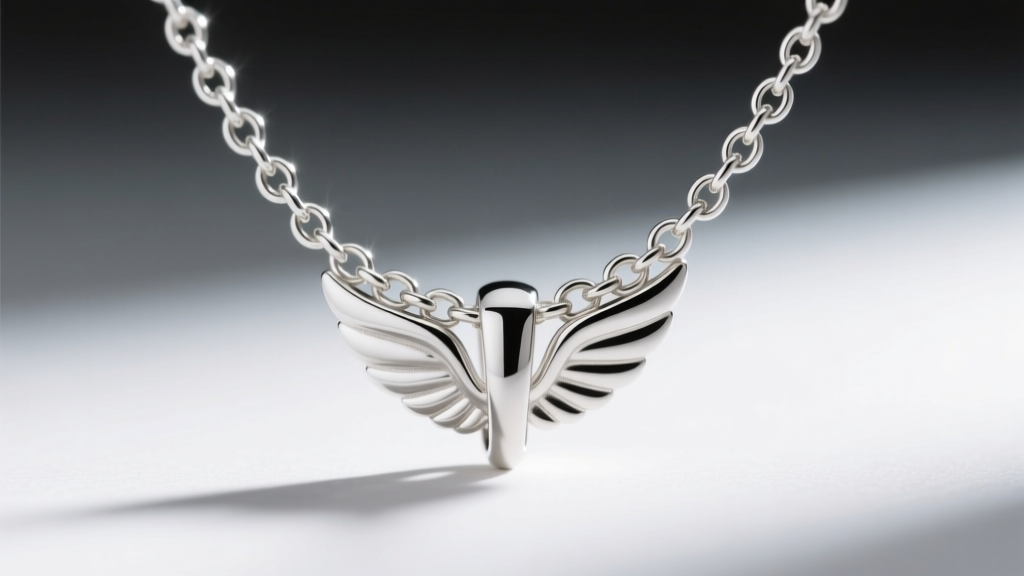 Macro view of a 1.2mm sterling silver rolo chain through a wing bail, showing proper chain-to-pendant proportion and secure fit.