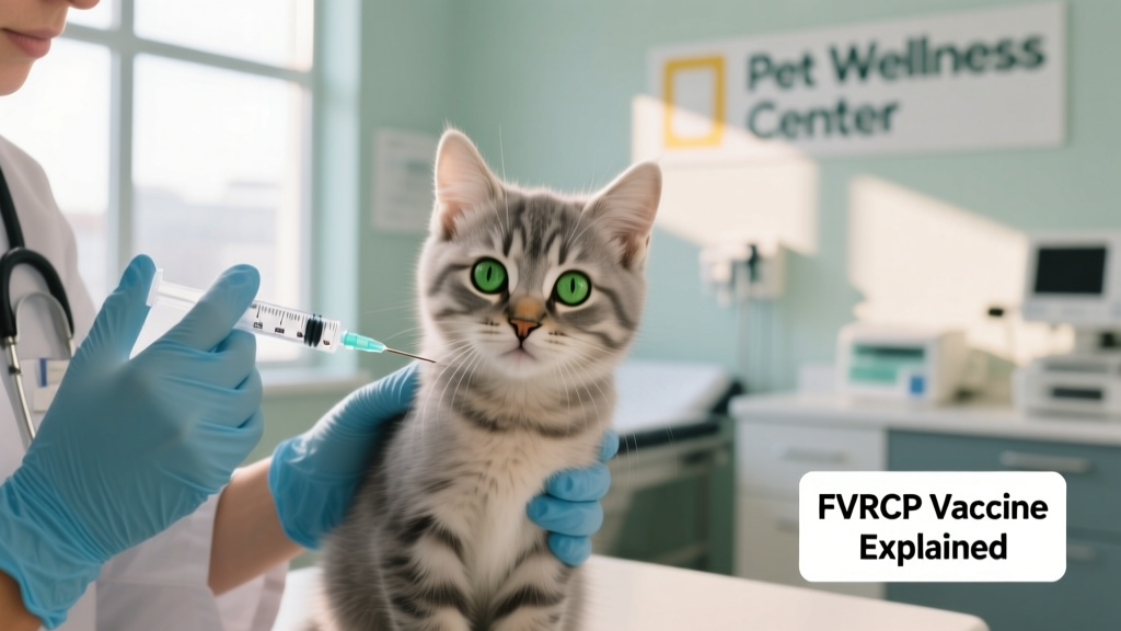Close-up of a kitten receiving a gentle subcutaneous vaccine injection at a veterinary clinic